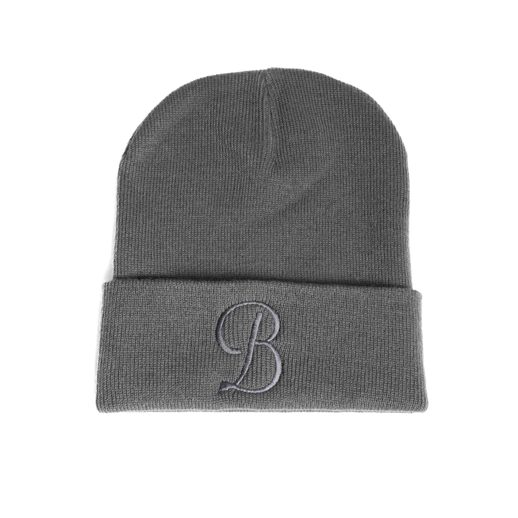 Gray beanie with a monogram 'B' on a white background