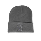 Gray beanie with a monogram 'B' on a white background