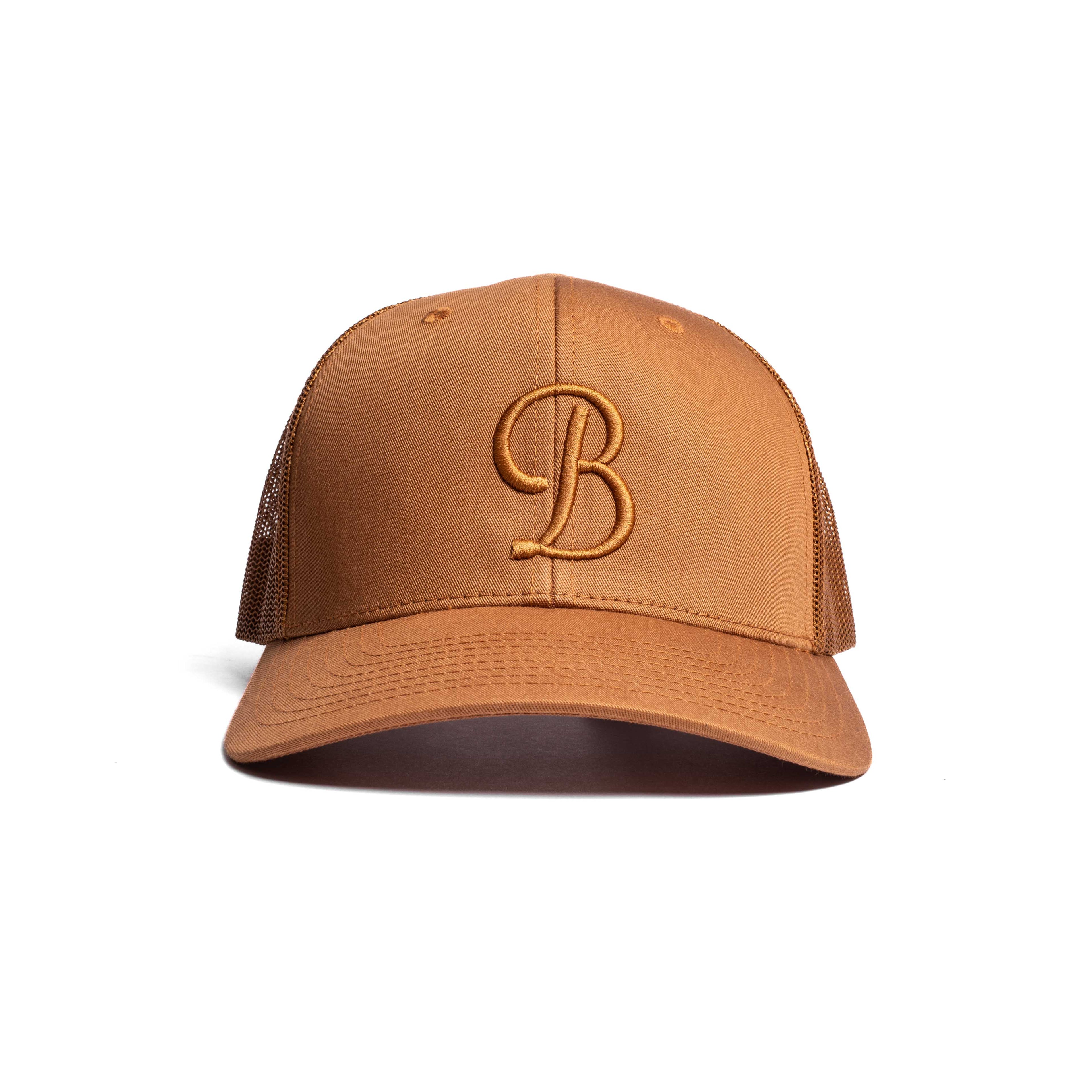 Orange Trucker cap with a 'B' logo on a white background