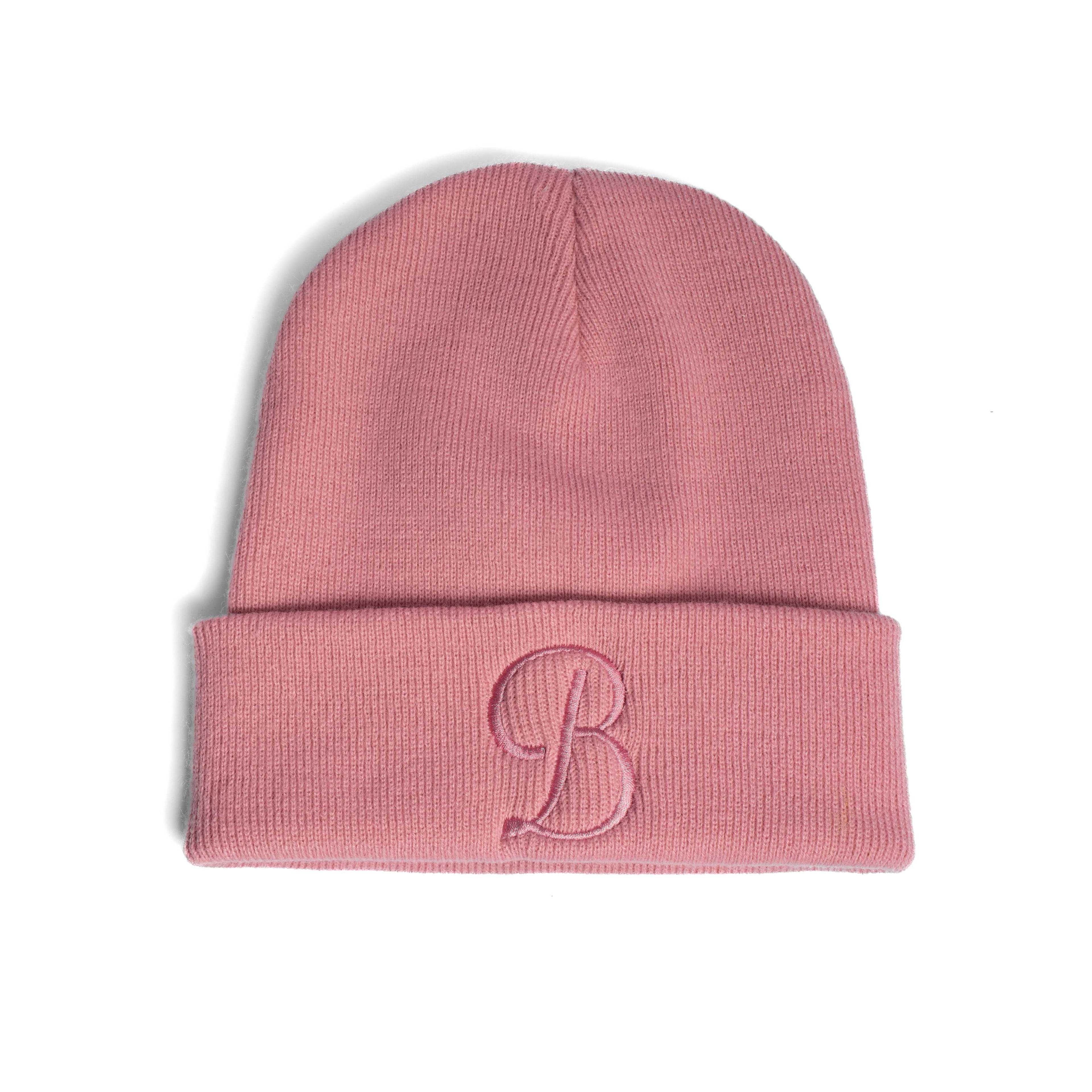 Pink beanie with a letter 'B' embroidered 