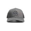Gray cap with a 'B' logo on a white background