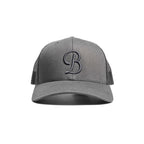 Gray cap with a 'B' logo on a white background