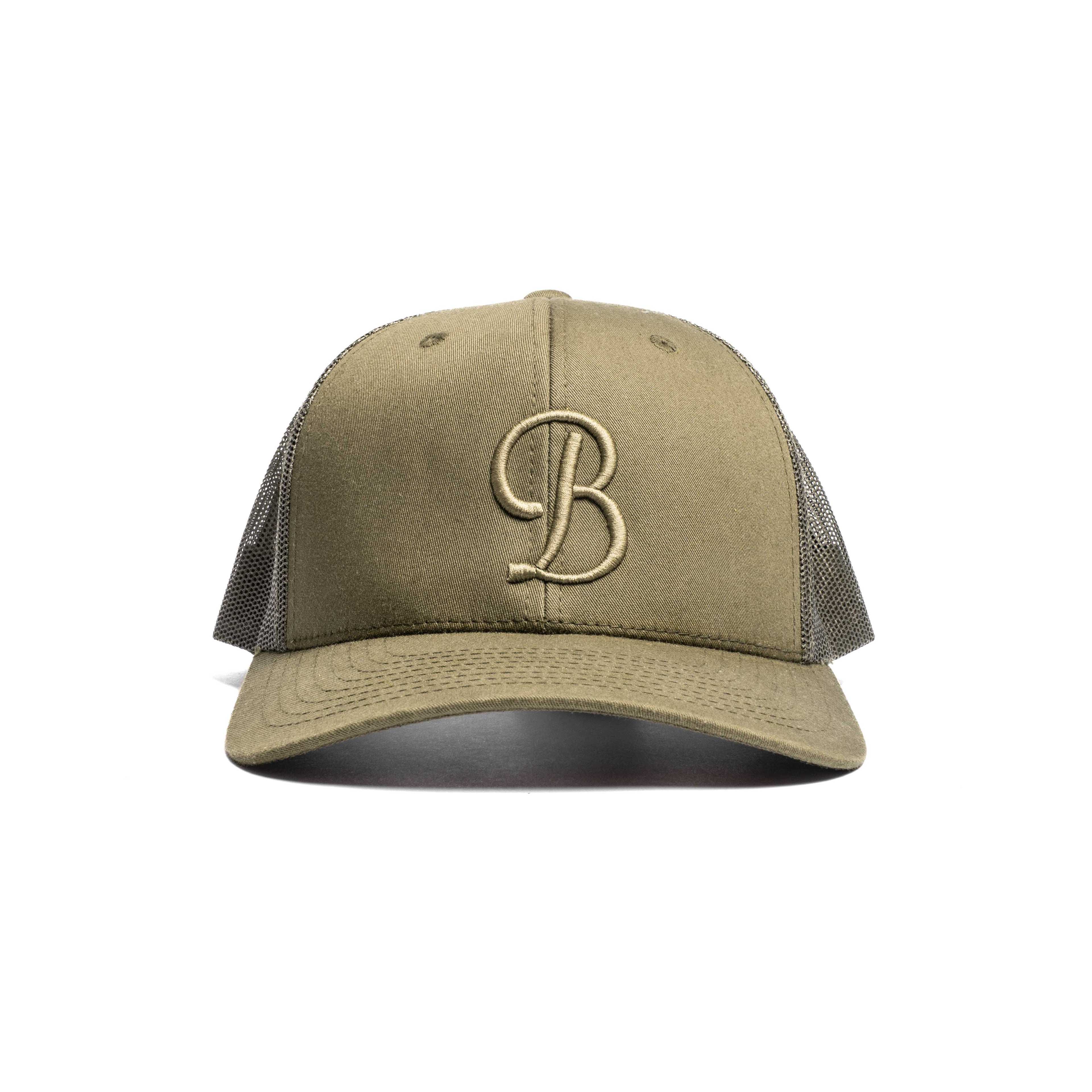 Khaki cap with a 'B' logo on a white background