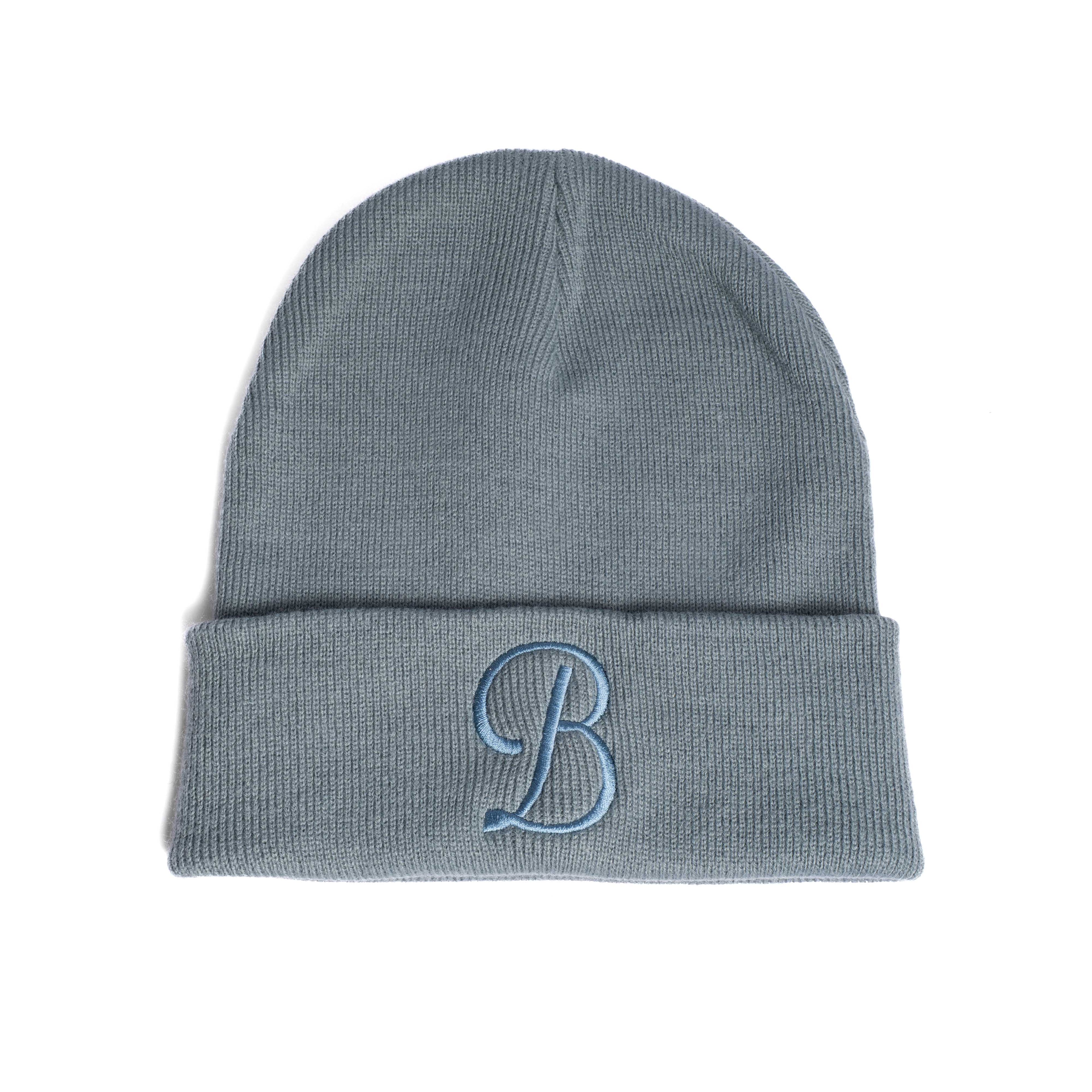 Gray beanie with a blue 'B' logo on a white background