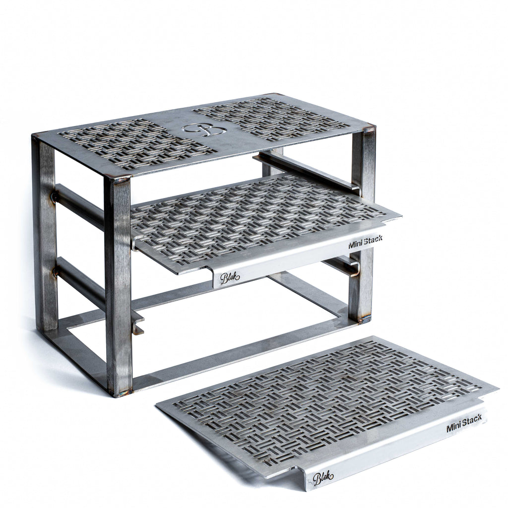 Mini stack attachment for Blok table grill with shelf pulled out